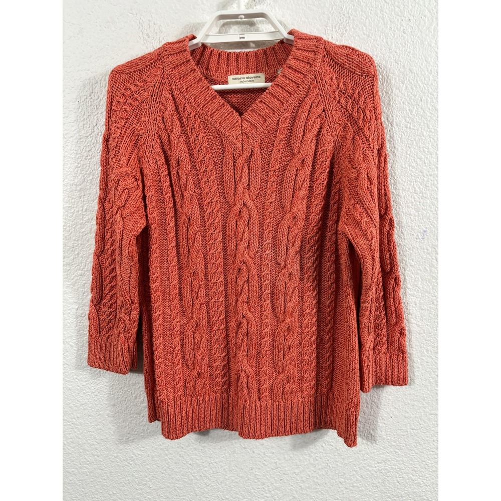 Valerie Stevens Sweater Womens Large Orange Cable Knit‎ V Neck Pullover